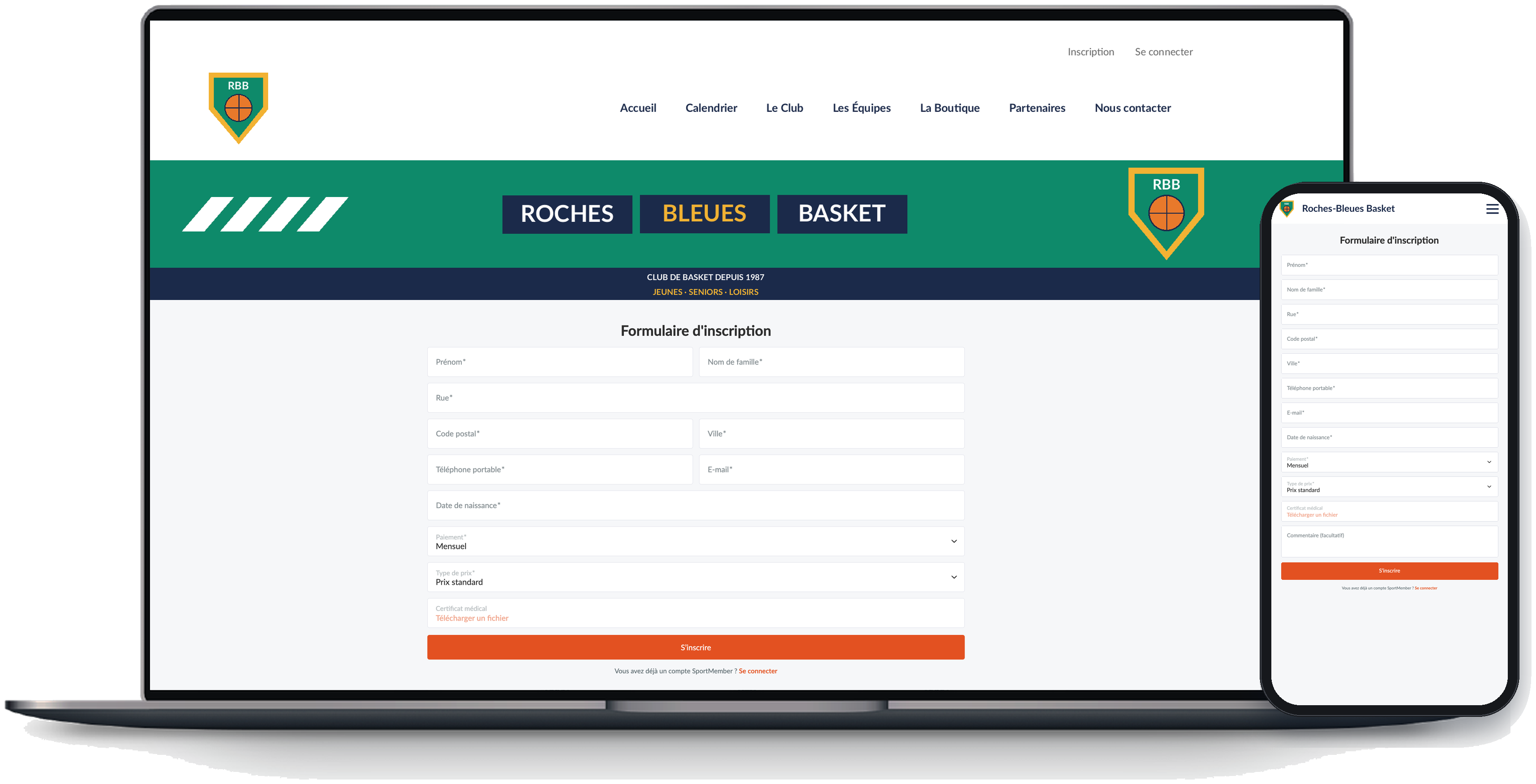 Le formulaire d'inscription en ligne du club sur le site SportMember